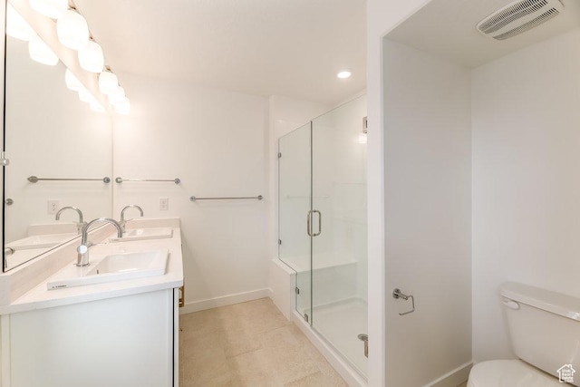 6064 W Lower Ln Unit 8-222, West Jordan, UT 84081 - bathroom with double vanity, baseboards, recessed lighting, toilet, and a stall shower