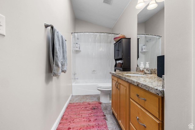 7819 S Spruce Tree Ln, Sandy, UT 84094 - full bath featuring vanity, toilet, shower / tub combo with curtain, tile patterned flooring, and vaulted ceiling
