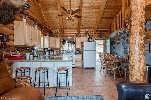 706 W Tranquility Dr, Virgin, UT 84779 - kitchen with freestanding refrigerator, wooden ceiling, log walls, a sink, and black microwave