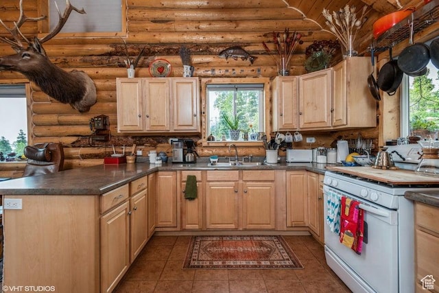 706 W Tranquility Dr, Virgin, UT 84779 - kitchen featuring white stove, log walls, a sink, and light brown cabinetry