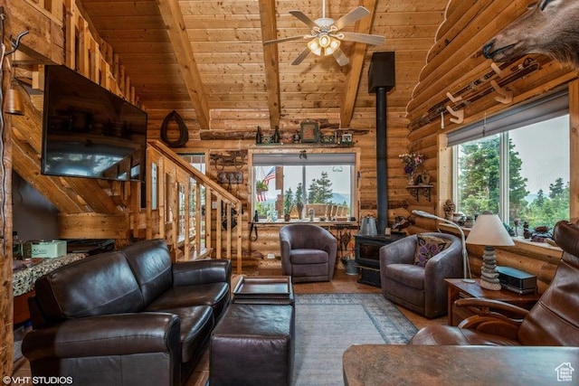 706 W Tranquility Dr, Virgin, UT 84779 - living room featuring a wood stove, wood ceiling, rustic walls, a ceiling fan, and wood finished floors