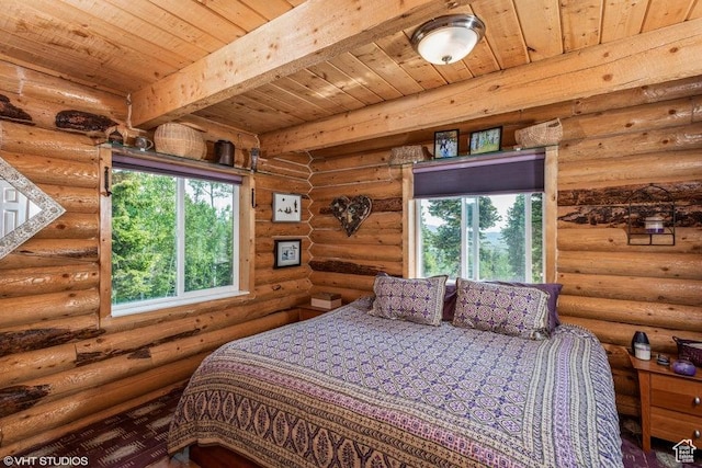 706 W Tranquility Dr, Virgin, UT 84779 - bedroom with multiple windows, wood ceiling with exposed beams, and log walls