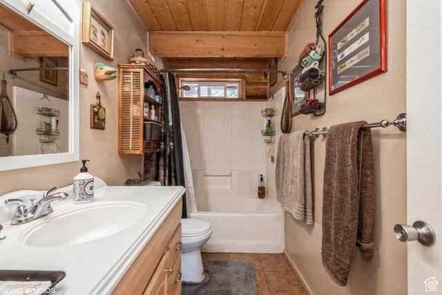 706 W Tranquility Dr, Virgin, UT 84779 - full bathroom with wooden ceiling, toilet, vanity, shower / bath combo, and tile patterned flooring
