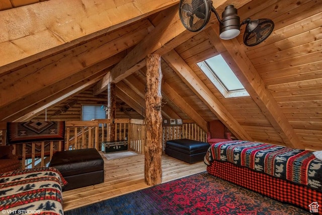706 W Tranquility Dr, Virgin, UT 84779 - bedroom with a skylight, wood-type flooring, and wooden ceiling