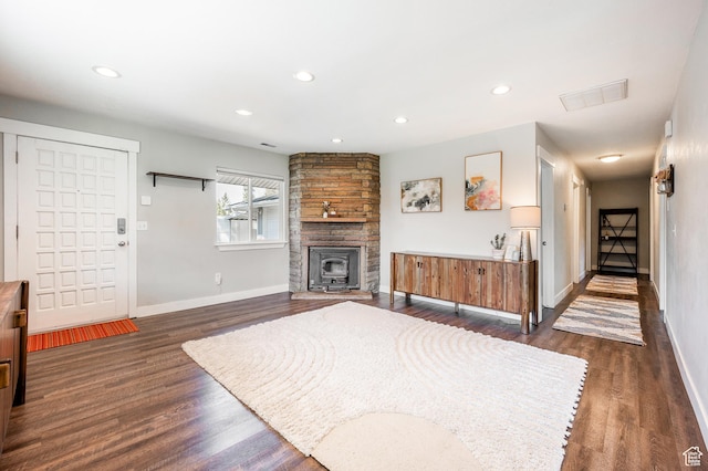 807 E Ln Dore Dr, Salt Lake City, UT 84107 - living room with baseboards, dark wood-style floors, recessed lighting, and a fireplace