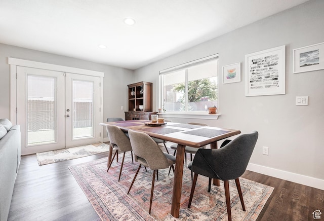 807 E Ln Dore Dr, Salt Lake City, UT 84107 - dining room with french doors, dark wood-style floors, baseboards, and recessed lighting