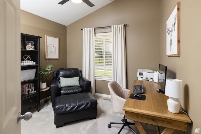 1007 E 2650 N, North Logan, UT 84341 - carpeted office featuring lofted ceiling, a ceiling fan, and baseboards