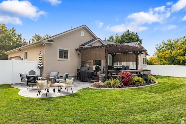 1007 E 2650 N, North Logan, UT 84341 - rear view of house featuring a pergola, a patio, an outdoor hangout area, and stucco siding