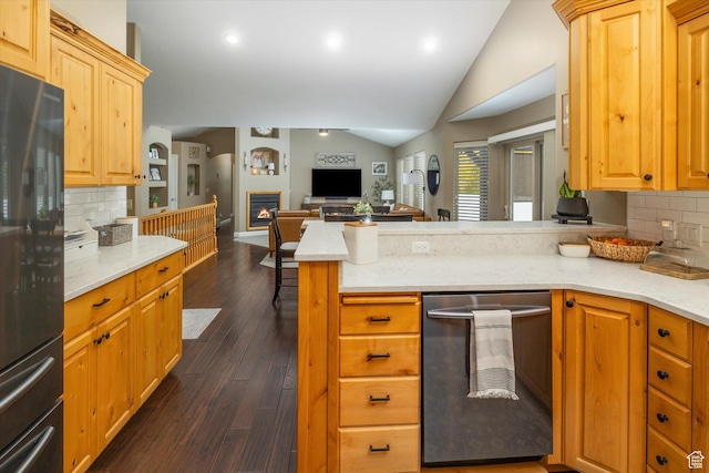 1007 E 2650 N, North Logan, UT 84341 - kitchen with lofted ceiling, fridge, open floor plan, a peninsula, and tasteful backsplash
