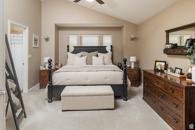 1007 E 2650 N, North Logan, UT 84341 - bedroom featuring light colored carpet, vaulted ceiling, baseboards, and ceiling fan