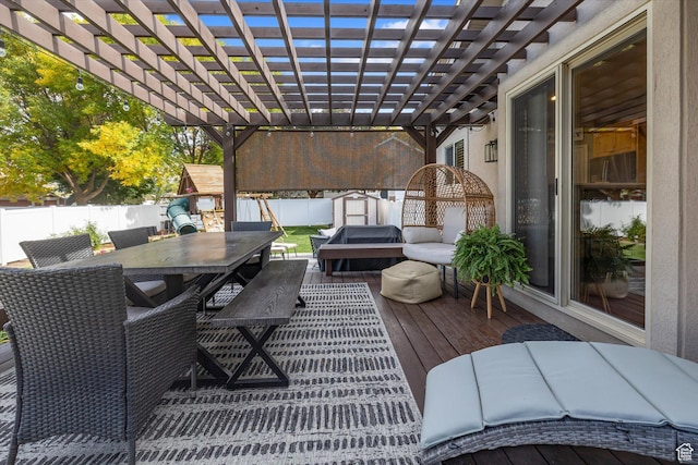 1007 E 2650 N, North Logan, UT 84341 - wooden terrace featuring outdoor dining area, a fenced backyard, and a pergola