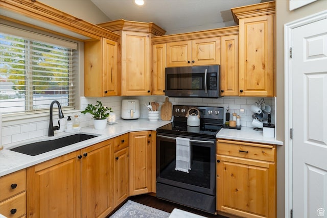 1007 E 2650 N, North Logan, UT 84341 - kitchen featuring stainless steel microwave, black electric range oven, a sink, tasteful backsplash, and recessed lighting