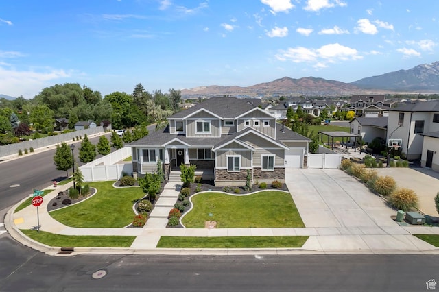 1676 W Timp Meadows Dr, Lehi, UT 84043 - view of front of property with stone siding, concrete driveway, a mountain view, and a residential view