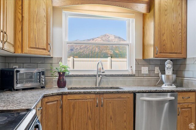 286 W 1875 N, North Ogden, UT 84414 - kitchen with dishwasher, a sink, a mountain view, and decorative backsplash
