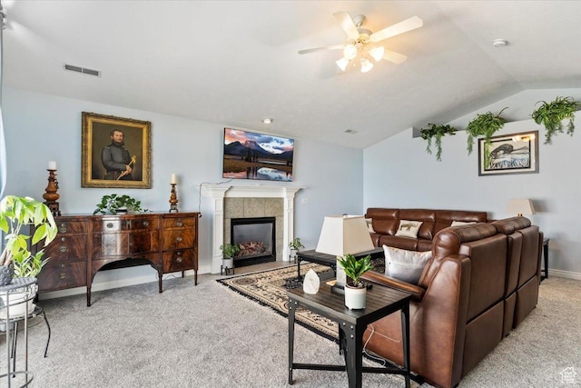 286 W 1875 N, North Ogden, UT 84414 - living area with light colored carpet, a ceiling fan, lofted ceiling, a fireplace, and baseboards
