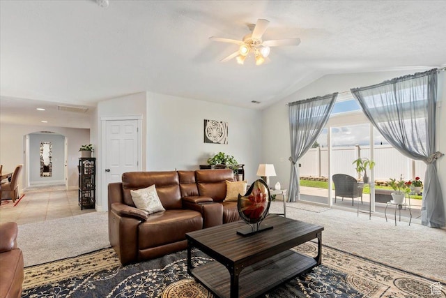 286 W 1875 N, North Ogden, UT 84414 - living room featuring ceiling fan, vaulted ceiling, arched walkways, and baseboards