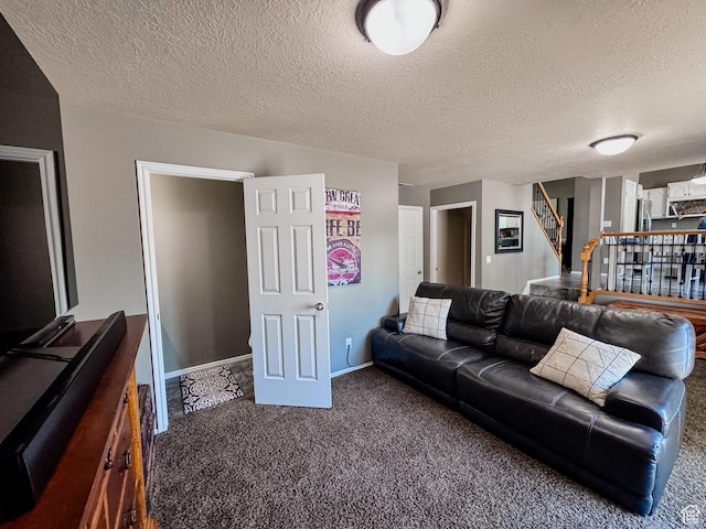 2156 E 3000 N, Layton, UT 84040 - living room with carpet flooring, stairs, a textured ceiling, and baseboards