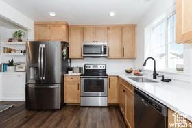 1186 W 200 S, Logan, UT 84321 - kitchen with stainless steel appliances, a sink, light countertops, light brown cabinets, and recessed lighting