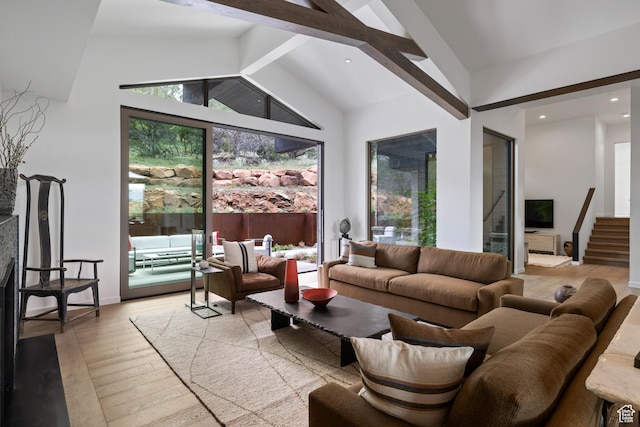 310 Red Ledges Blvd, Heber City, UT 84032 - living room with light wood finished floors, beamed ceiling, high vaulted ceiling, recessed lighting, and stairs
