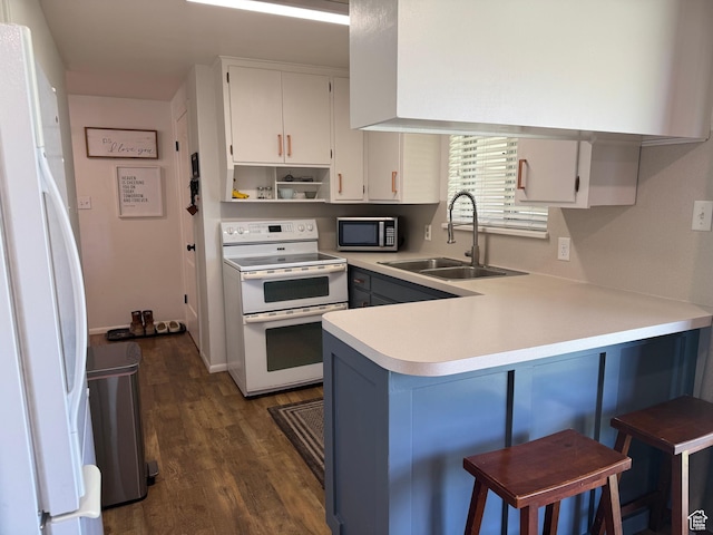 485 N 300 E, Nephi, UT 84648 - kitchen featuring white appliances, a sink, a peninsula, dark wood finished floors, and white cabinets