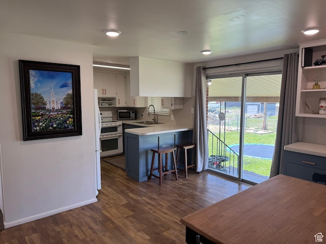 485 N 300 E, Nephi, UT 84648 - kitchen with range with two ovens, stainless steel microwave, a sink, light countertops, and dark wood finished floors