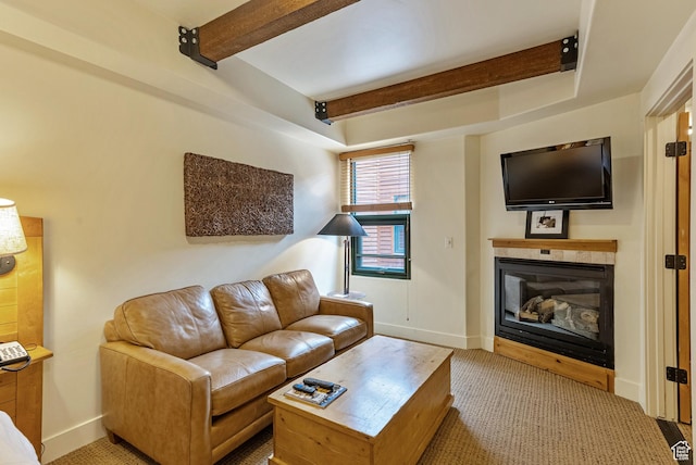1456 Newpark Blvd Unit 318, Park City, UT 84098 - living room with beamed ceiling, baseboards, a glass covered fireplace, and carpet