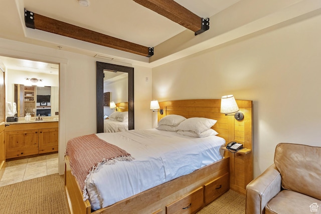 1456 Newpark Blvd Unit 318, Park City, UT 84098 - bedroom with beam ceiling, connected bathroom, and light tile patterned floors