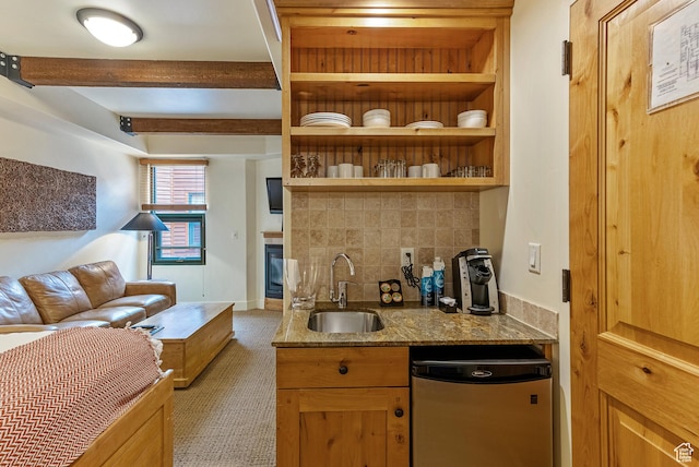 1456 Newpark Blvd Unit 318, Park City, UT 84098 - kitchen with dishwasher, a sink, tasteful backsplash, stone counters, and beam ceiling