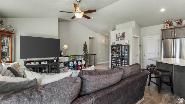 1026 E Searle Ln, Eagle Mountain, UT 84005 - living room with ceiling fan, lofted ceiling, dark wood-style floors, and baseboards