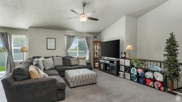 1026 E Searle Ln, Eagle Mountain, UT 84005 - carpeted living room with a ceiling fan, vaulted ceiling, and a textured ceiling
