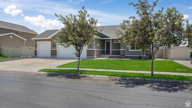 1026 E Searle Ln, Eagle Mountain, UT 84005 - view of property hidden behind natural elements featuring a garage, brick siding, a gate, and driveway