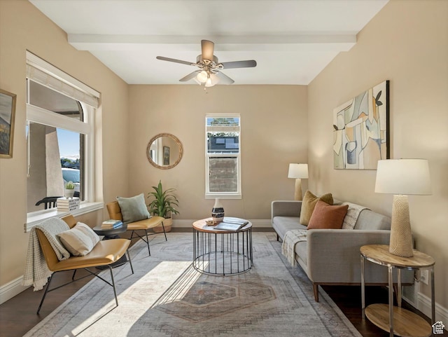 932 W 600 N, Salt Lake City, UT 84116 - living room featuring baseboards, ceiling fan, beamed ceiling, and wood finished floors