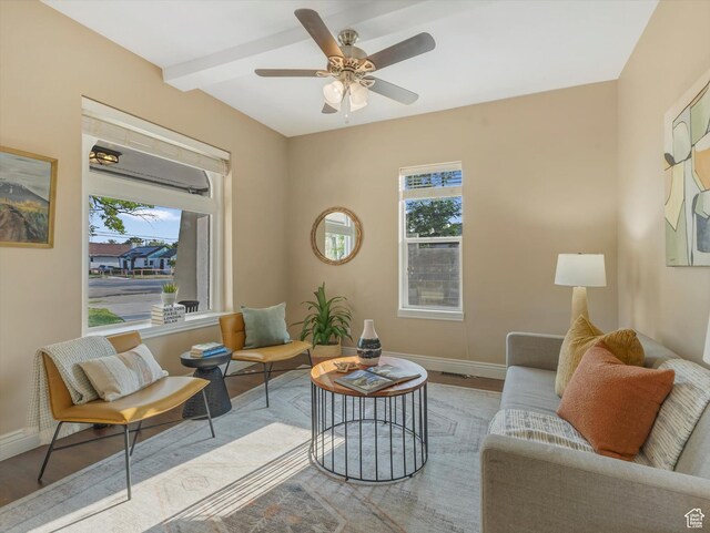 932 W 600 N, Salt Lake City, UT 84116 - living room featuring wood finished floors, baseboards, a ceiling fan, and beamed ceiling