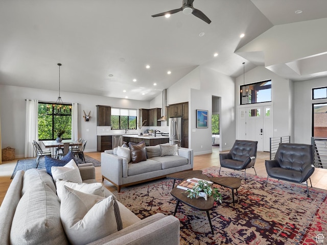 4021 E 4325 N, Eden, UT 84310 - living room featuring recessed lighting, healthy amount of natural light, ceiling fan, light wood-type flooring, and high vaulted ceiling