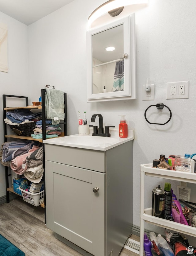 220 S 2nd E, Soda Springs, ID 83276 - bathroom featuring vanity, wood finished floors, and a shower with curtain