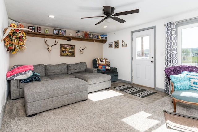 220 S 2nd E, Soda Springs, ID 83276 - living area with healthy amount of natural light, a ceiling fan, wood finished floors, and recessed lighting