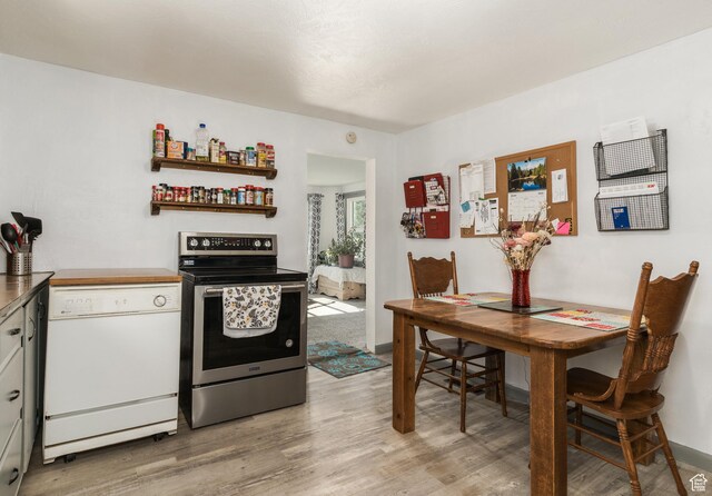 220 S 2nd E, Soda Springs, ID 83276 - kitchen with stainless steel range with electric cooktop, dishwasher, light wood finished floors, and open shelves