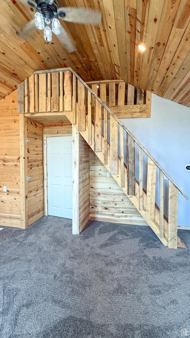 121 2nd W, East Carbon, UT 84520 - stairway featuring wooden ceiling, wooden walls, carpet, and a ceiling fan