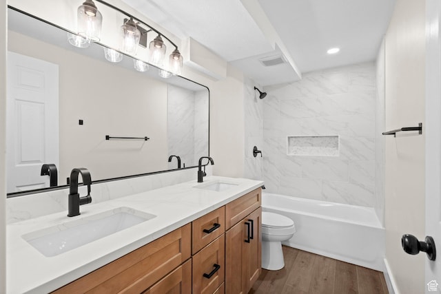 2139 N 300 W, Lehi, UT 84043 - bathroom with double vanity, wood finished floors, toilet, bathing tub / shower combination, and recessed lighting