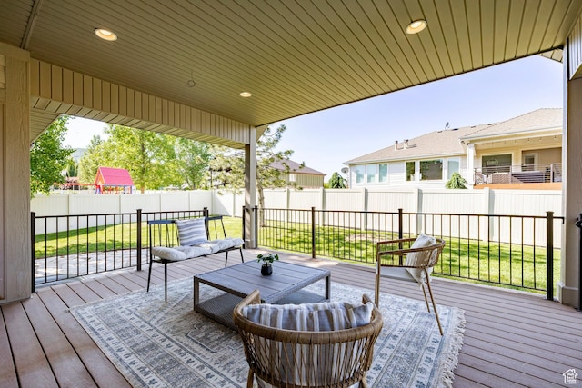 5865 Belmont Dr, Mountain Green, UT 84050 - wooden terrace with outdoor lounge area