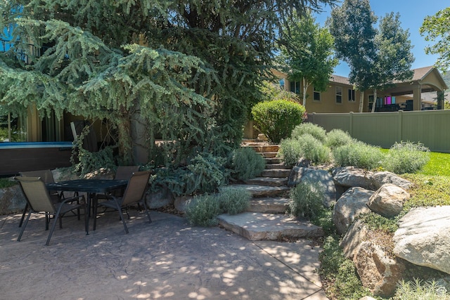 13966 S Arrow Creek Dr E, Draper, UT 84020 - view of yard with outdoor dining space, a patio, and stairs
