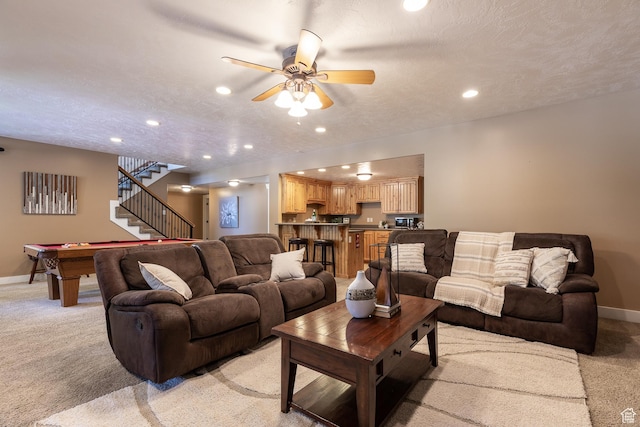 13966 S Arrow Creek Dr E, Draper, UT 84020 - living room with light colored carpet, baseboards, a ceiling fan, and recessed lighting