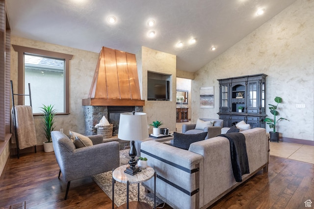 13966 S Arrow Creek Dr E, Draper, UT 84020 - living room with wood finished floors, baseboards, and high vaulted ceiling