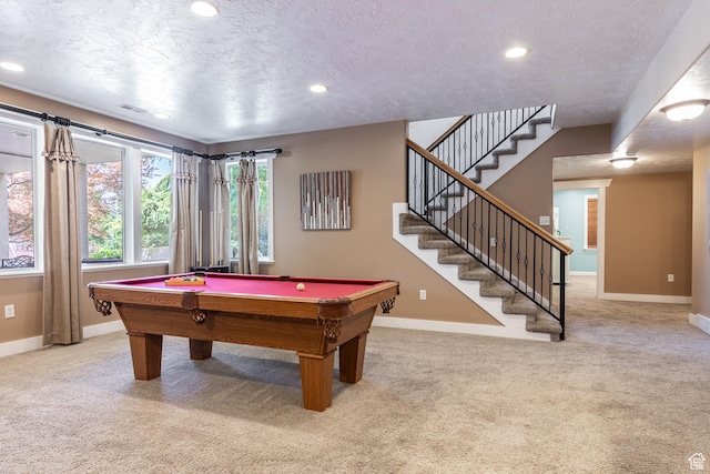 13966 S Arrow Creek Dr E, Draper, UT 84020 - rec room featuring baseboards, carpet floors, recessed lighting, billiards, and a textured ceiling