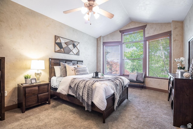 13966 S Arrow Creek Dr E, Draper, UT 84020 - bedroom with multiple windows, lofted ceiling, light carpet, baseboards, and ceiling fan