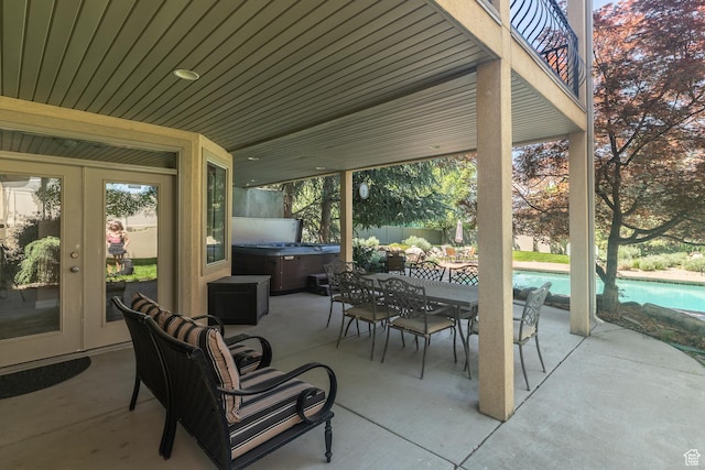 13966 S Arrow Creek Dr E, Draper, UT 84020 - view of patio featuring a hot tub, french doors, and outdoor dining area