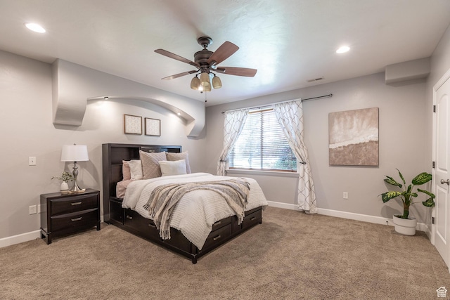 13966 S Arrow Creek Dr E, Draper, UT 84020 - bedroom with light carpet, baseboards, recessed lighting, and ceiling fan