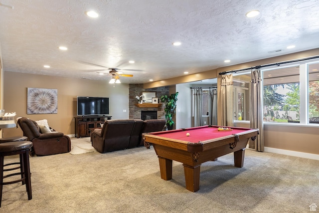 13966 S Arrow Creek Dr E, Draper, UT 84020 - rec room featuring light colored carpet, recessed lighting, baseboards, ceiling fan, and billiards