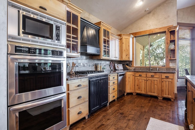 13966 S Arrow Creek Dr E, Draper, UT 84020 - kitchen featuring appliances with stainless steel finishes, a sink, vaulted ceiling, dark wood-type flooring, and tasteful backsplash