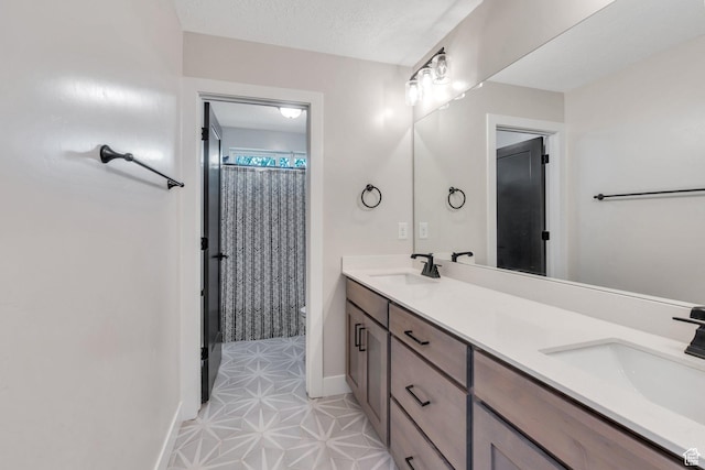 1485 W 1930 N, Pleasant Grove, UT 84062 - bathroom featuring double vanity, toilet, baseboards, and curtained shower